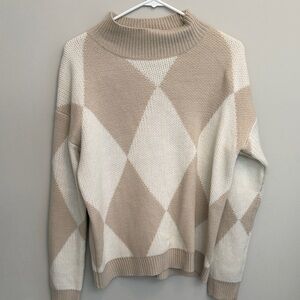 SHEIN Beige and White Diamond Turtleneck Sweater. Size Large